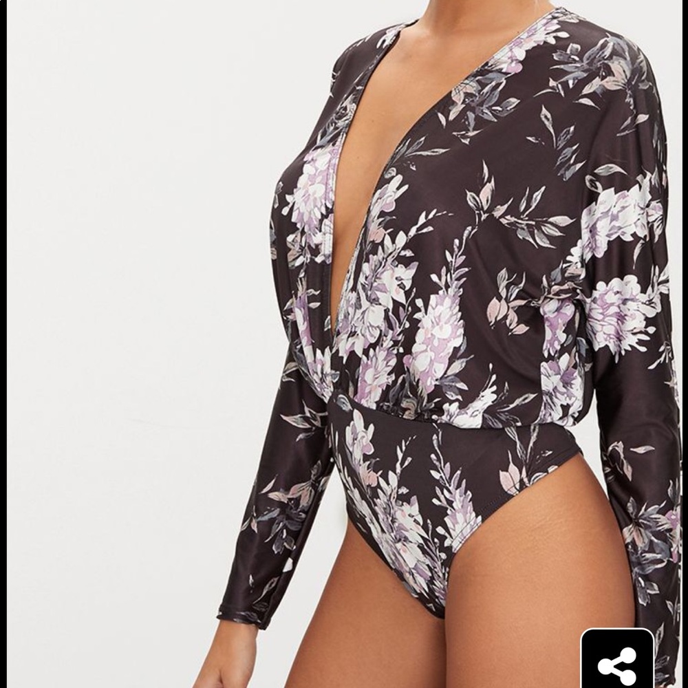 PLT Black Floral Print Long Sleeve Thong Bodysuit